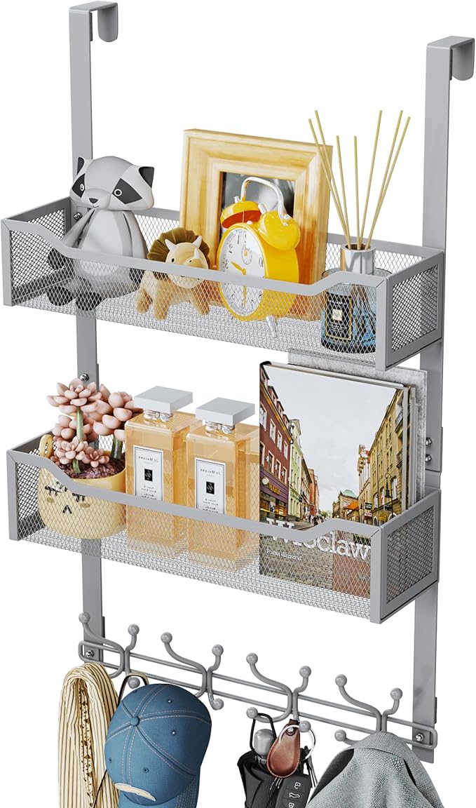 SWTYMIKI Over The Door Hooks Organizer - Multi-Functional Door Hanger with 16 Hooks & 2 Mesh Baskets, Long Coat Rack for Bathroom, Bedroom, Living Room, Home Storage Organizer, Gray by SwtyMiki-TidyHomeSweetLife