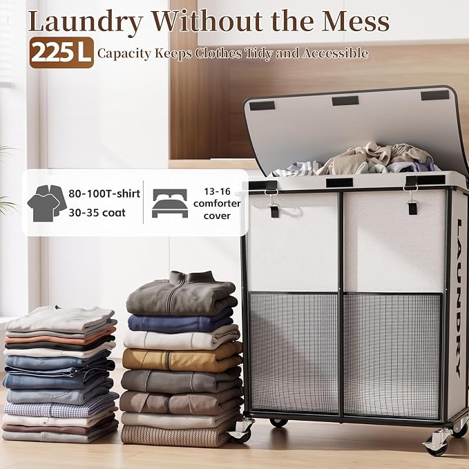 Laundry Hamper with Wheels and Lid, 225L Large Rolling Laundry Basket White - Image 2