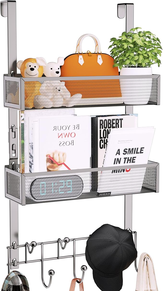 Consumest Over The Door Hooks Organizer - 3 Tier Door Hanger with 9 Coat Hooks & 2 Mesh Basket, Back Storage Organizer Hanging Towels for Bathroom, Bedroom, Sand Nickel by Consumest