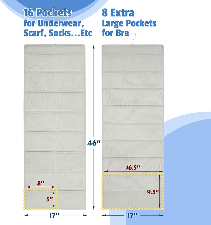 Simple Houseware 24-Pocket Double-Sided Hanging Closet Organizer | 1 Pack, for Bra & Underwear Storage with Rotating Hanger, Mesh Fabric, Gray - Image 2
