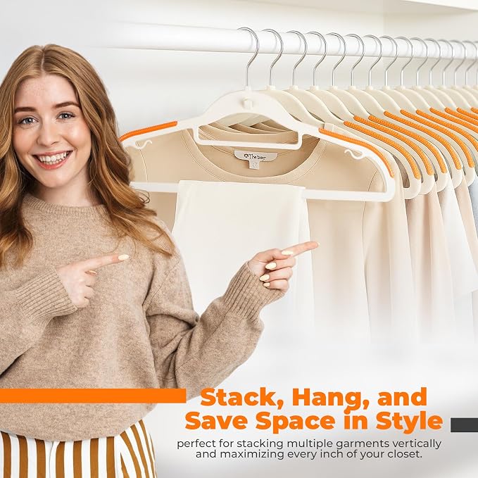 Lightweight White Plastic Hangers 20 Pack with Cascading Hook, Space Saving Thin, Closet Organizer, Orange Anti-Slip Pads, 360° Swivel, Tie Holder - Image 7