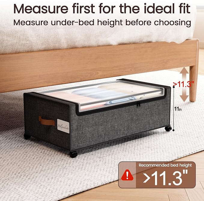Yecaye 95L Under Bed Storage Containers, Fits 11" Under Bed, 2 Pack, Grey | XXL Capacity, 360° Rolling Wheels, Sturdy Metal Frame, Clear Window & Label, Storage Bins for Clothes, Shoes, Blankets - Image 3