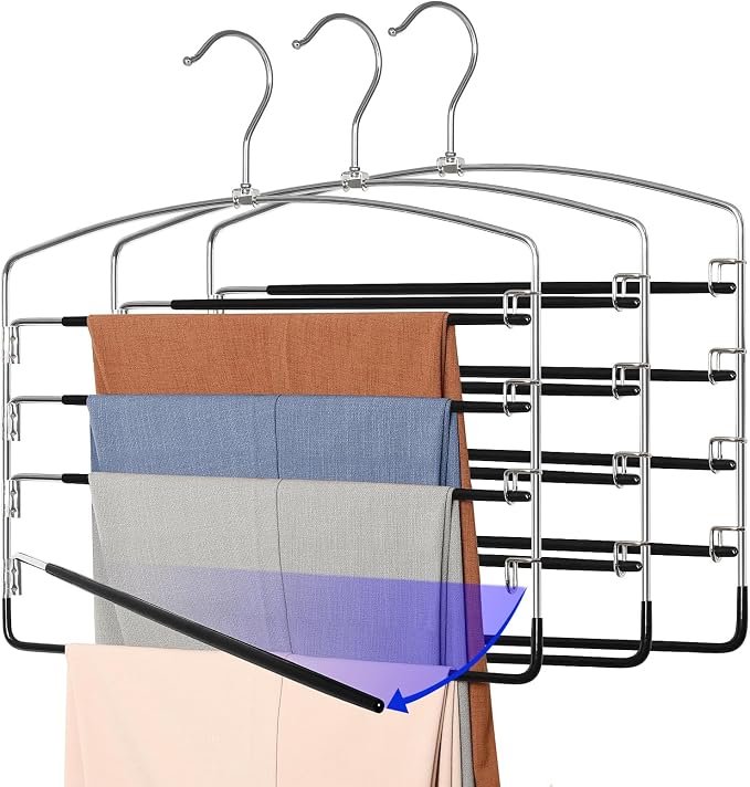 TOPIA HANGER Pant Hangers Space Saving 3 Pack with Non Slip 5 Tiers Hangers | 80% Space Saving Closet Storage Orgainzer, 360° Swivel Hook, Stainless Steel Non Slip 5 Tier Swing Arm for Pant Trouser Jean by TOPIAHANGER