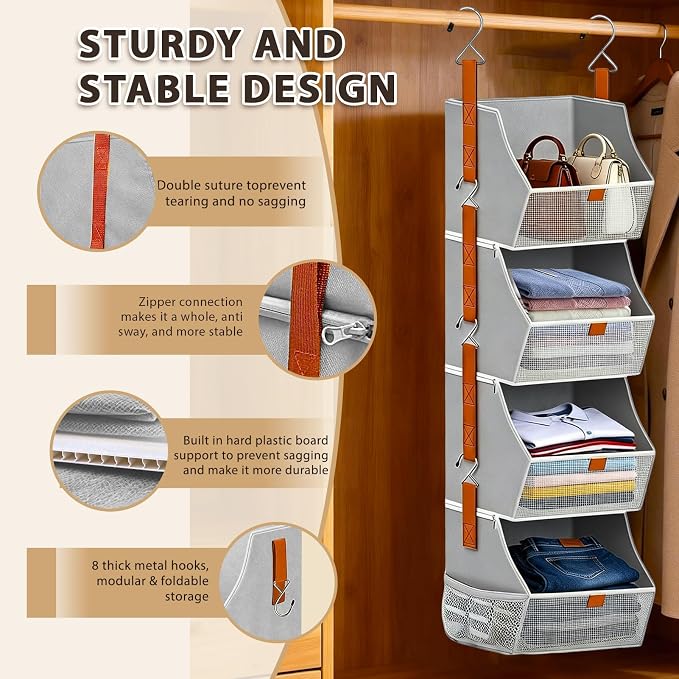 Fabric Hanging Closet Clothes Organizers and Storage Detachable 4 Tier - Image 3