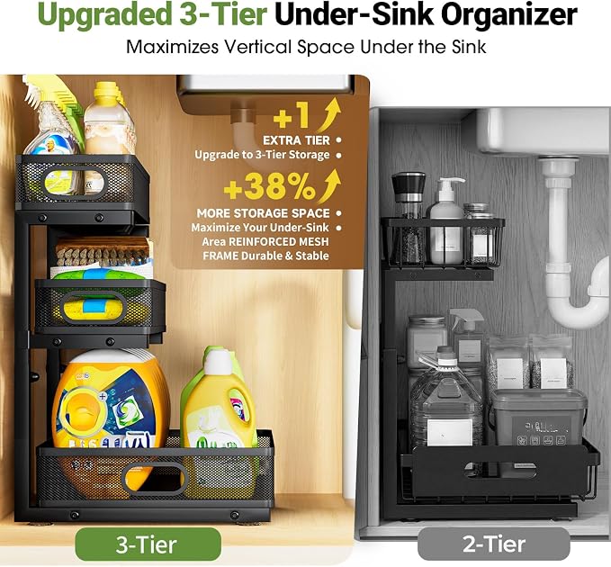 Under Sink Organizer 3 Tier, 4 Pack L-Shaped Pull-Out Cabinet Organizer with Sliding Metal Mesh Drawers, Height Adjustable Under Sink Storage Rack for Kitchen Bathroom Cabinet, Black - Image 3
