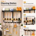 Mop and Broom Holder Wall Mount with Railing Shelf,3-in-1 Cleaning Storage Organizer,Storage Rack with Vacuum holder 5 Grips 6 Hooks for Laundry Utility Garages Closet, - Image 2