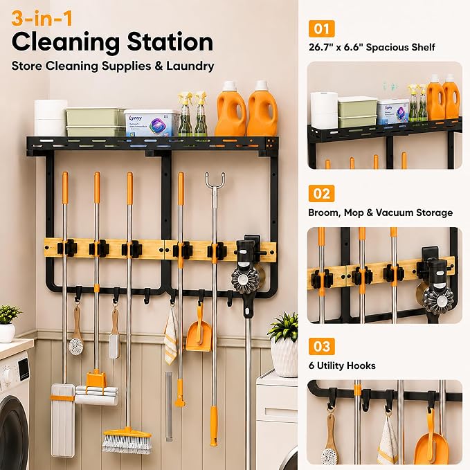 Mop and Broom Holder Wall Mount with Railing Shelf,3-in-1 Cleaning Storage Organizer,Storage Rack with Vacuum holder 5 Grips 6 Hooks for Laundry Utility Garages Closet, - Image 2
