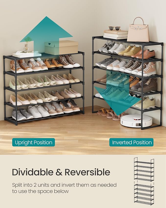 SONGMICS Shoe Rack, 10-Tier Shoe Organizer, Metal Storage Shelf | for Entryway, Upright or Upside Down, for 44-55 Pairs, Stackable, 11.8 x 36.2 x 68.1 Inches, Black ULSA011B01 - Image 5