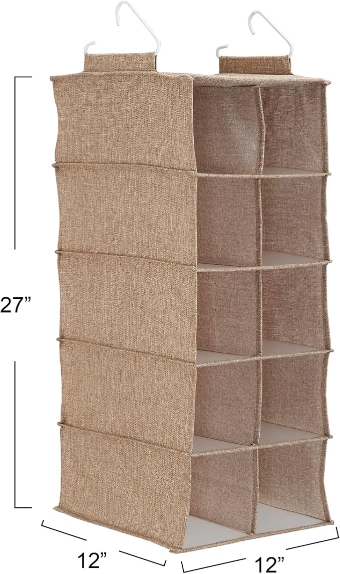 Household Essentials 10‑Pocket Hanging Shoe Organizer with Side‑by‑Side Canvas Storage and 2 Hooks for Support, Beige - Image 3