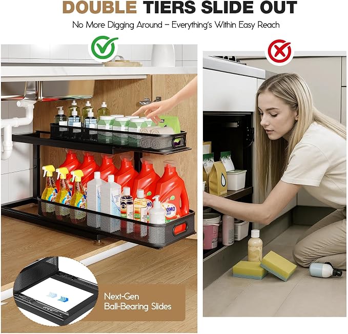 2-Pack 21.3 IN Depth Under Sink Organizer With Next-Gen Ball-Bearing Slides,Sophisticated Mesh 2-Tier Pull Out Shelf for Kitchen & Bathroom,Fits Small Items-Black - Image 4