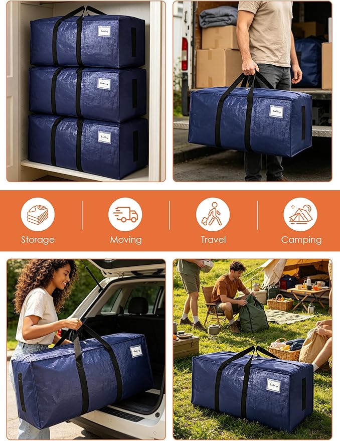 SWEET DOLPHIN 12 Pack 200LB Heavy-Duty Moving Bags with Wrap-Around Handles, Extra Large Storage Totes for Space Saving, Clothes Storage Bags, College Dorm Essentials, Blue, 24 Gal - Image 6