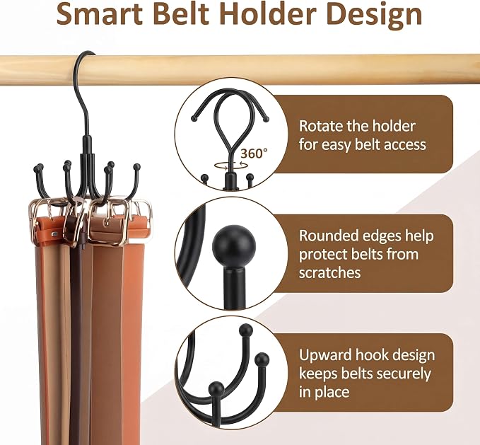 ZEDODIER 4 Pack Belt Hangers for Closet, Rotating Belt Organizer, 32 Hooks - Image 5