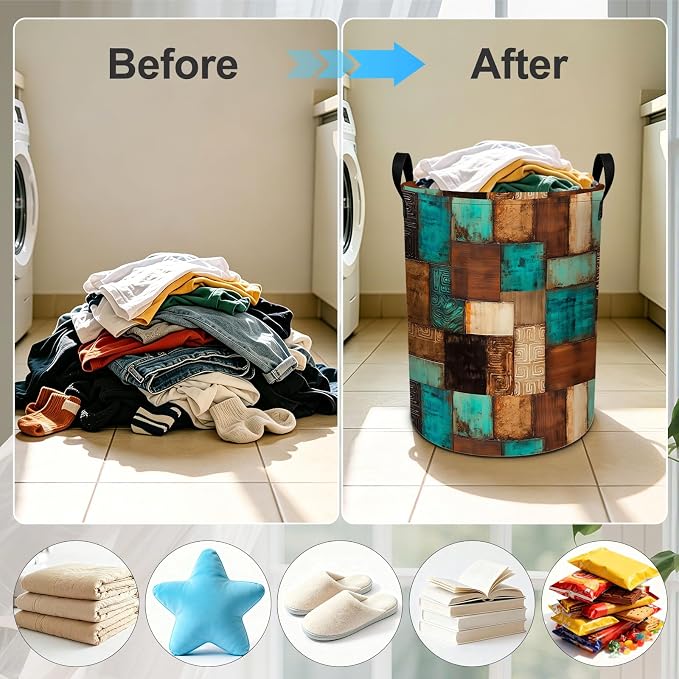 Vintage Geometric Teal Laundry Basket Foldable Laundry Hamper With Handles Clothes Storage Bucket Organizer Laundry Bag For Bedroom Bathroom Laundry Storage 19.6 x 15.7 - Image 4