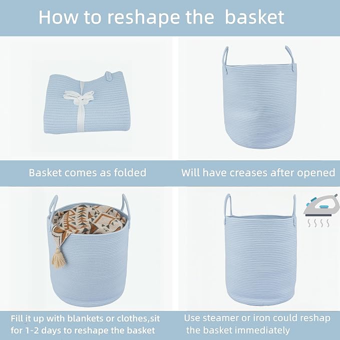 XUANGUO Cotton Rope Laundry Basket Hamper for Clothes, light blue - Image 6