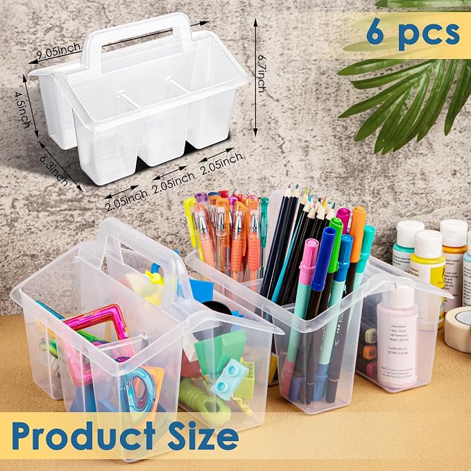 Plastic Caddy With Handle,Protable Classroom Craft Caddy, 6-pack Storage Caddy For Pencil,Pen,Craft Tools (Clear) - Image 3