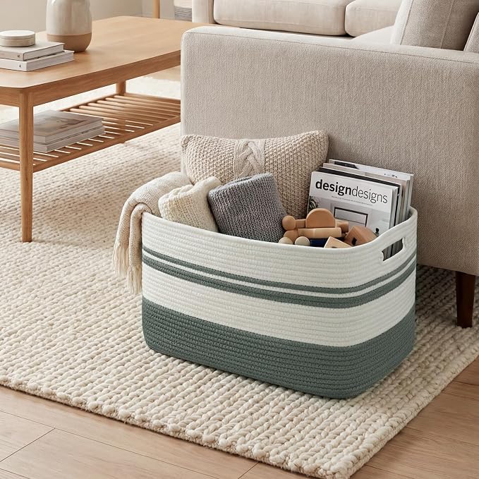 75L Large Blanket Basket, 22"x17"x12"Rectangle Cotton Rope Woven Storage Basket with Handles, Laundry Hamper for Living Room, Nursery, Bedroom - Chemical-Free, Kid & Pet Safe - Sage Green - Image 8