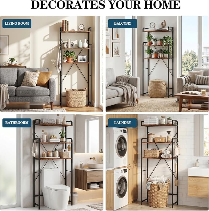Over The Toilet Storage Cabinet, Freestanding Bathroom Shelf with Hooks - Image 5