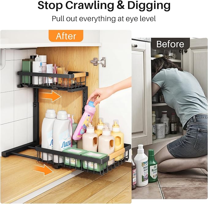 PXRACK Under Sink Organizer, Adjustable Height, 2 Tier Pull Out Under Cabinet Organizer, Slide Out Thickened Metal Under Sink Storage for Kitchen Bathroom Laundry Pantry Cabinet, Black, Large-2-Pack - Image 4