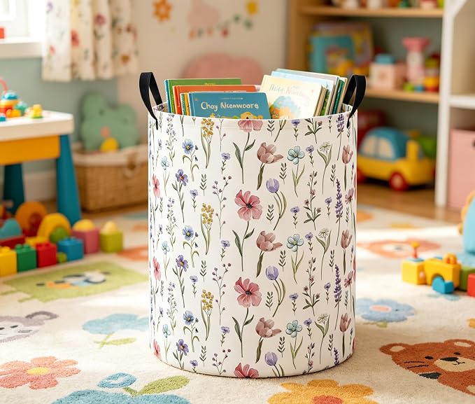 Baby Laundry Basket Baby Nursery Hamper Kids Laundry Basket Toy Storage Bin for Boys Room Decor Gift Baskets for Bedroom Bathroom(Flower) - Image 6