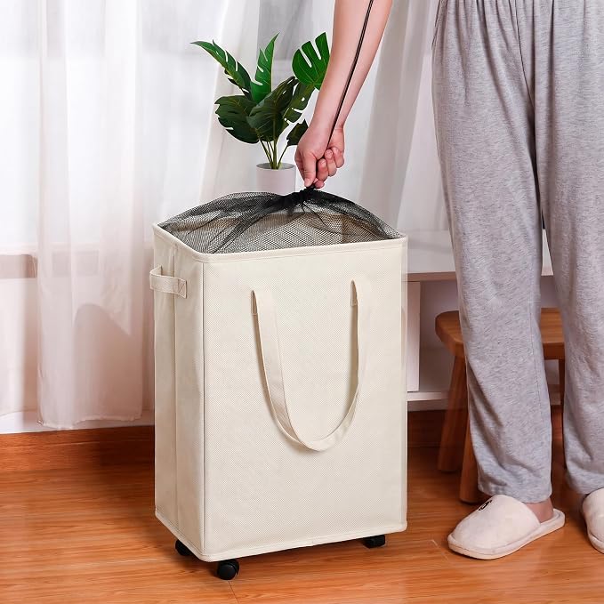 efluky Slim Laundry Hamper with Wheels, Rolling Laundry Basket for Clothes, Small Laundry Basket for Bedroom, Dorm and Laundry Room, 90L (19.8 Gallons) Beige - Image 5