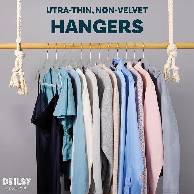 DEILSY™ Clear Thin Hangers with Silver Hook Non-Velvet Hangers 50 Pack | Space saving hangers, sturdy slim hangers, thin hangers for shirts, jackets, coats and everyday clothing - Image 2