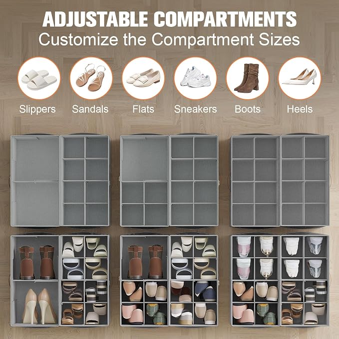 2 Pack Shoe Organizer for Closet,Foldable Shoe Storage Organizer with Adjustable Dividers, Shoe Storage Box with Clear Cover, Fits up to 16 Pairs, Gray - Image 2