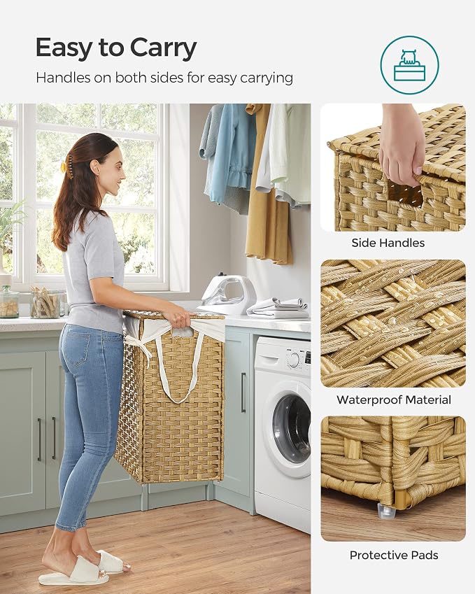 SONGMICS Laundry Hamper with Lid, 90L Double Wicker Basket, 6 Mesh Bags - Image 7