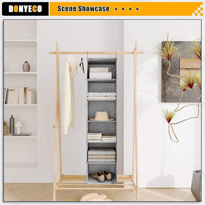 Hanging Closet Organizer 6-Shelf, Oxford Linen Wardrobe Storage, Gray | Easy-mount foldable design holds clothes, handbags, shoes & accessories; washable Oxford fabric, sturdy and space-saving. - Image 5