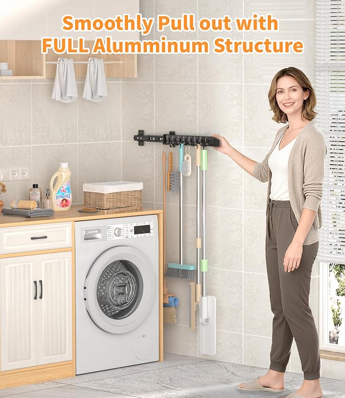 Pull Out Broom Holder With 8 Adjustable Row Sliding Hook - Black 14.17inch - Image 2