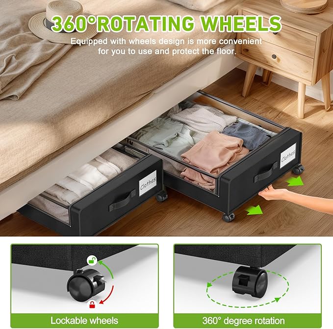 Molutsody Under Bed Storage with Wheels, 2-Pack Underbed Storage Containers with Clear Lids, Under Bed Shoe Storage Organizer, Rolling Under the Bed Storage Bins for Clothes Shoes Blankets (Black) - Image 3