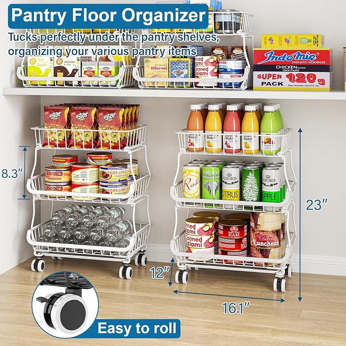 OKZEST 3-Tier Rolling Pantry Floor Organizers and Storage Cart with Wheels - Image 2