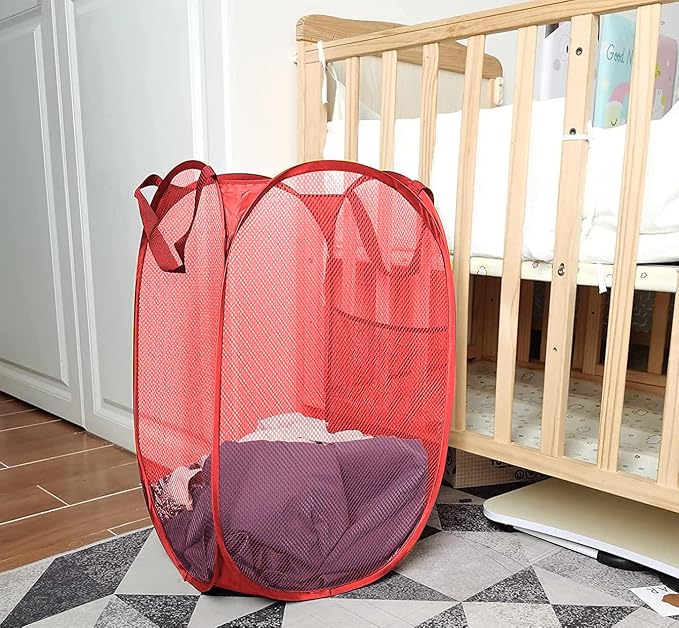 Larpur Popup Mesh Laundry Basket, Collapsible and Portable Clothes Washing Laundry Hamper with Reinforced Carry Handle (Red) - Image 3