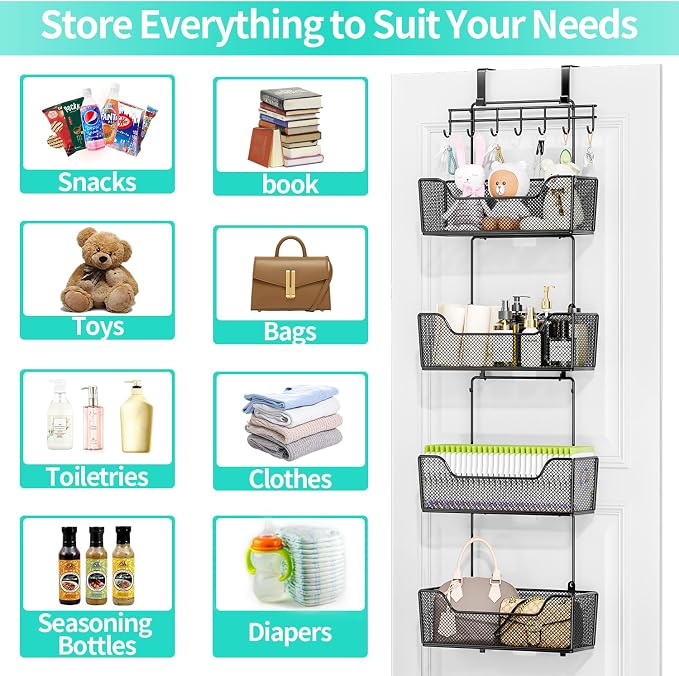 HapiRm Over The Door Organizer - Hanging Door Organizer with 4 Metal Large Capacity Baskets and Adjustable Coat Hook for Bathroom Bedroom Kitchen Pantry Closet Cabinet - Image 7