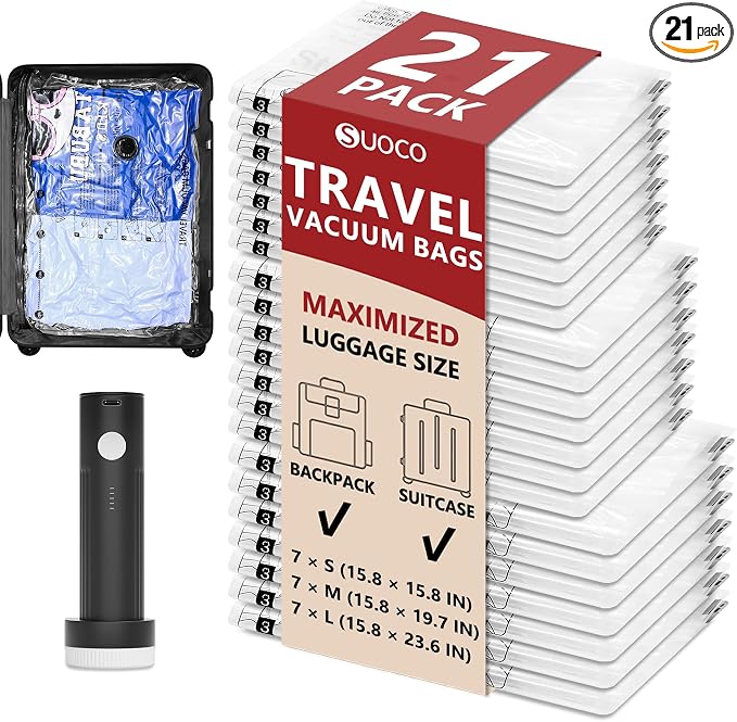 Travel Vacuum Bags for Clothing with Cordless Pump 21 Combo, Clear | Compression Packing Cubes Organizer Storage for Luggage Suitcase, Space Saver Seal Bags for Vacation Cruise by SUOCO