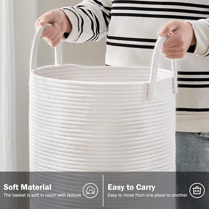 Woven Rope Laundry Hamper Basket by YOUDENOVA, 72L Tall Luandry Basket, Baby Nursery Hamper for Blanket Storage in Bedroom-Large-Pure White - Image 4