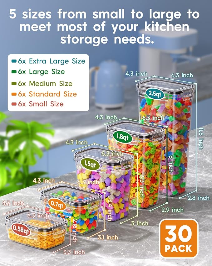 KEMETHY 30 PCS Airtight Food Storage Containers with Lids, Kitchen Pantry Organization and Storage, BPA-Free Plastic Scale Food Canisters for Cereal, Flour, Sugar, Dry Food, Include Labels & Marker - Image 2