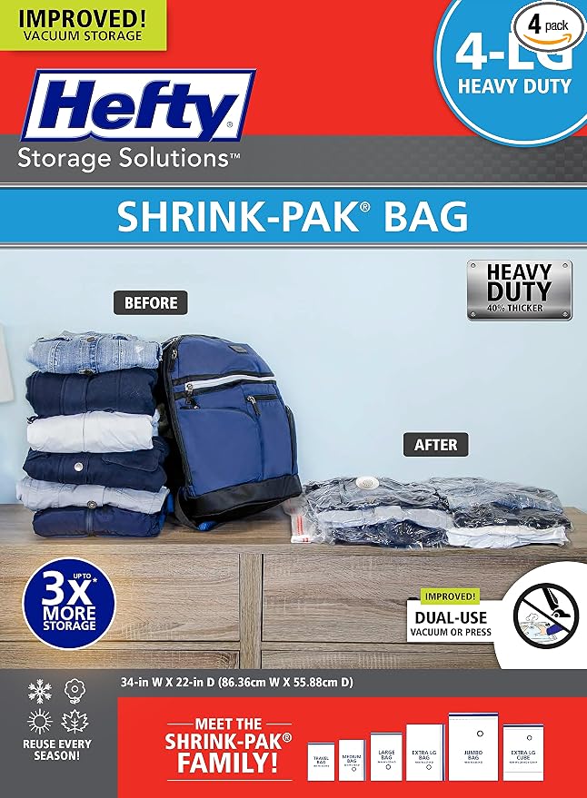 Hefty Vacuum Bags for Clothes 4 Pack, Space Saving Large Vacuum Storage Bags (34 X 22 Inches) Compression Seal for Bedding, Travel Pump Included (4 Large Heavy Duty) by Hefty
