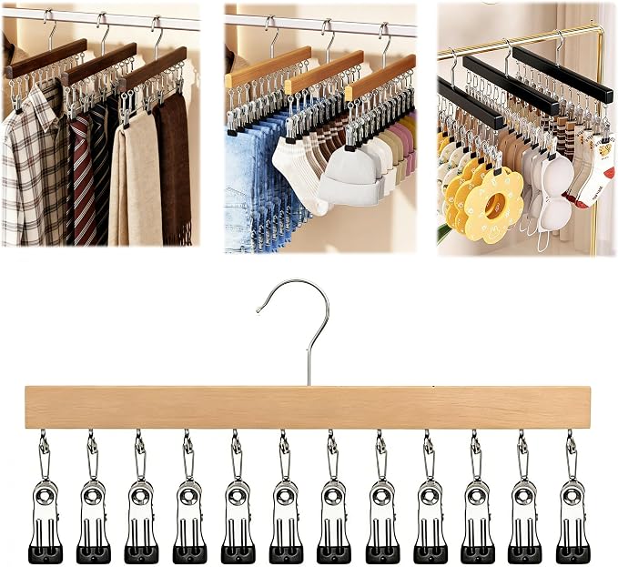 Legging Organizer for Closet, Closet Organizer with Clips, 360° Rotating Space Saving Hanging Clothes Organizer for Closet Organizers and Storage (Wood-12 Clips) by Unknown