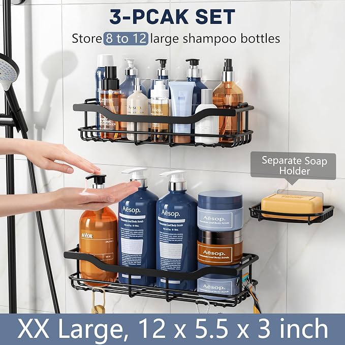 OMAIRA 3-Pack Shower Caddy with Soap Holder, Adhesive Rustproof No-drill Strudy Loading Inside Shower Organizer Shelves Rack Storage Bathroom Organization for Smooth Wall Glass Tile, Black (XX-Large) - Image 3