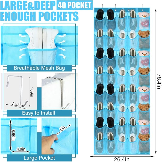 Windyun 1 Pcs 40 Pocket Over the Door Shoe Organizer Hang,Sky Blue - Image 3