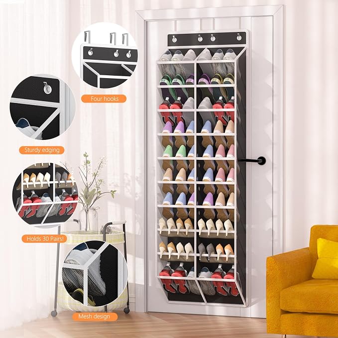 Over the Door Shoe Organizer with 20 Large Mesh Pockets, Black - Image 6
