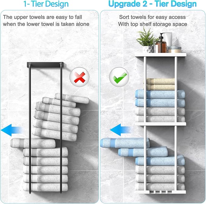 Liuoud Towel Rack for Bathroom, Wall Mounted Vertical Rolled Towel Storage Organizer Holder with Shelf, Holds Up 6 Large Bath Sheets, White Large Size - Image 5