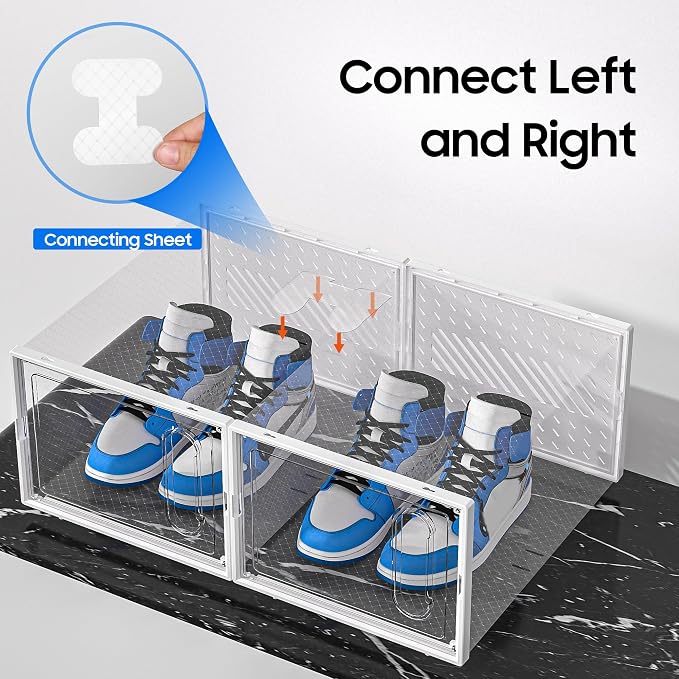 eWonLife Large Shoe Organizer Storage Box with Magnetic Door,12 Pack Clear Plastic Stackable Sneaker Containers for Closet, Connect Left and Right Shoe Box for Entryway, Drop Front, Under Bed (White) - Image 5