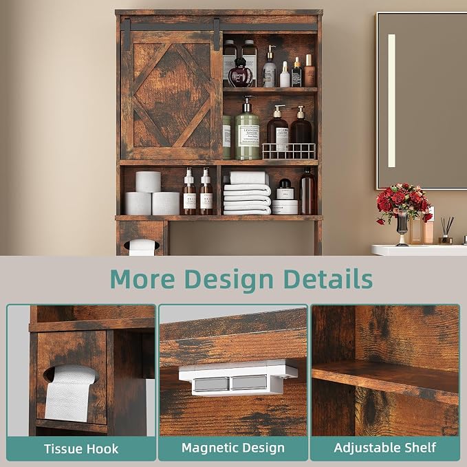 Over the Toilet Storage Cabinet with Farmhouse Sliding Barn Door, Above Toilet Organizer with Toilet Paper Holder Stand, Behind Toilet Shelf, Space Saver for Restroom, Bathroom, Laundry, Brown - Image 6