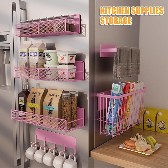 DTUQYX 6 Pack Magnetic Shelves for Washing Machine, Magnetic Spice Rack Organizer for Refrigerator, Magnetic Shelf with Hanger Organizer, Metal Magnetic Basket, Laundry Organization and Storage, Pink - Image 6