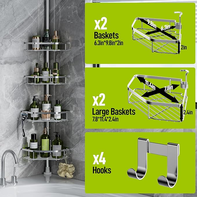 LAMU Corner Shower Caddy Tension Pole, 4-Tier Stainless Steel Organizer - Image 5
