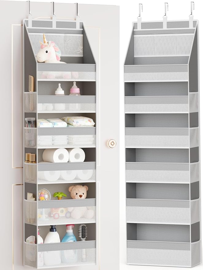 Criusia Over The Door Organizer, Heavy-Duty 6-Shelf Hanging Storage with 13 Mesh Pockets, 55lbs Capacity Behind The Door Storage for Nursery, Bathroom, Bedroom, and Dorm, Grey by Criusia