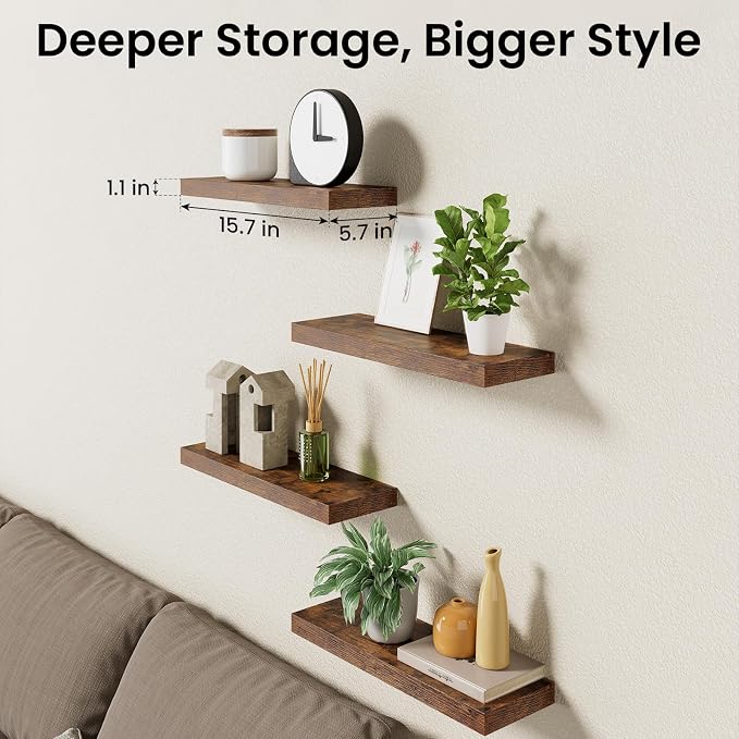 BAYKA Rustic Brown Floating Shelves 15.7in, Set of 4, Wall Mount Wood Shelf - Image 8