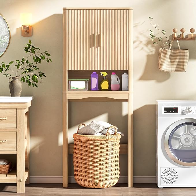 Vabches Farmhouse Over Toilet Storage Cabinet with 2 Fluted Doors,Natural - Image 7