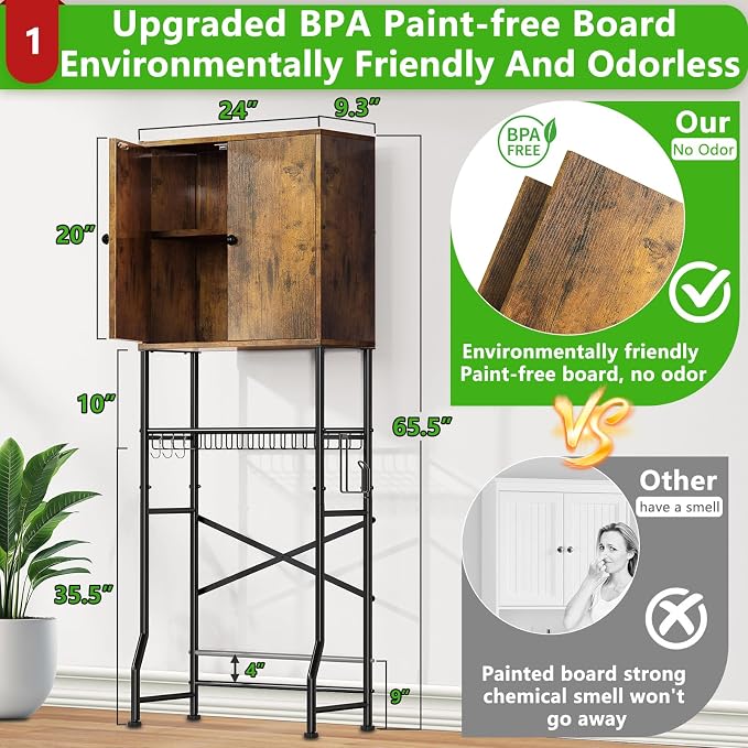Over The Toilet Storage Cabinet - 2-Door Bathroom Organizer Shelf, Freestanding Space-Saver Toilet Rack with Privacy Protection, Water-Resistant Above Toilet Storage Cabinet for Small Bathrooms(Brown) - Image 2